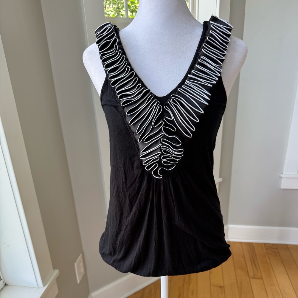 Vintage Y2K Studio Y Black White Ruffle Deep V Neck Racerback Tank Going Out Top